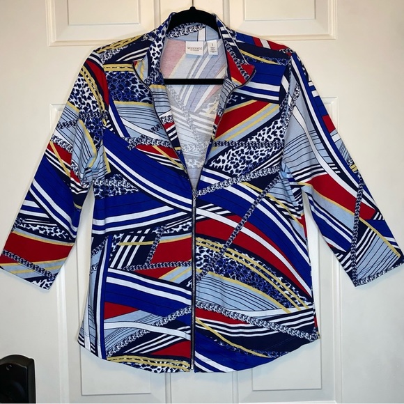 Chico’s Weekends Zip Up Jacket Size 1 (8 or M) 3/4 Sleeves Animal Print Chains - Picture 2 of 14